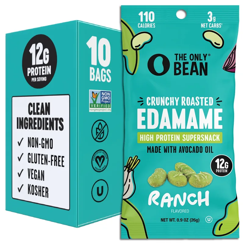 The Only Bean - Crunchy Roasted Edamame Beans (Ranch) - Keto Snack, High Protein, Healthy Snacks, Low Carb, Gluten-Free & Vegan (0.9oz) (10 Pack)