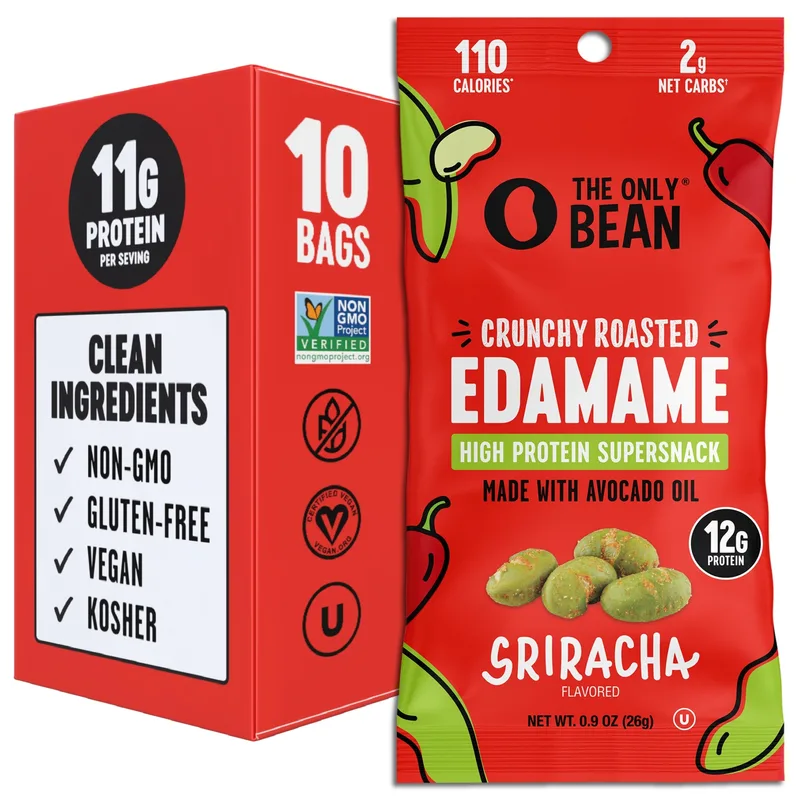 The Only Bean - Crunchy Roasted Edamame Beans (Sriracha) - Keto Snack, High Protein, Healthy Snacks, Low Carb, Gluten-Free & Vegan (0.9oz) (10 Pack)