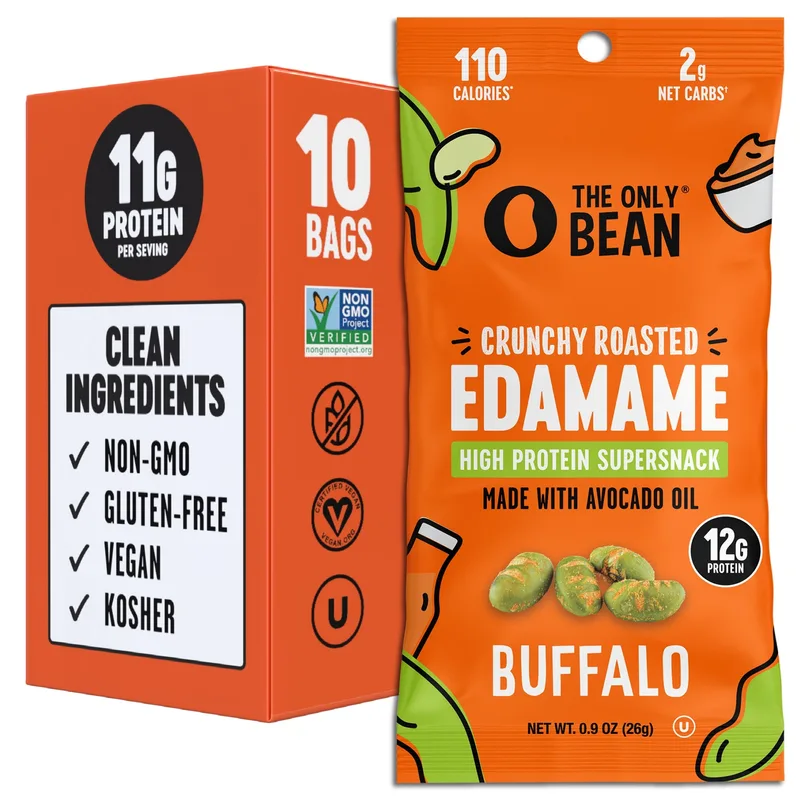 The Only Bean - Crunchy Roasted Edamame Beans (Buffalo) - Keto Snack, High Protein, Healthy Snacks, Low Carb, Gluten-Free & Vegan (0.9oz) (10 Pack)