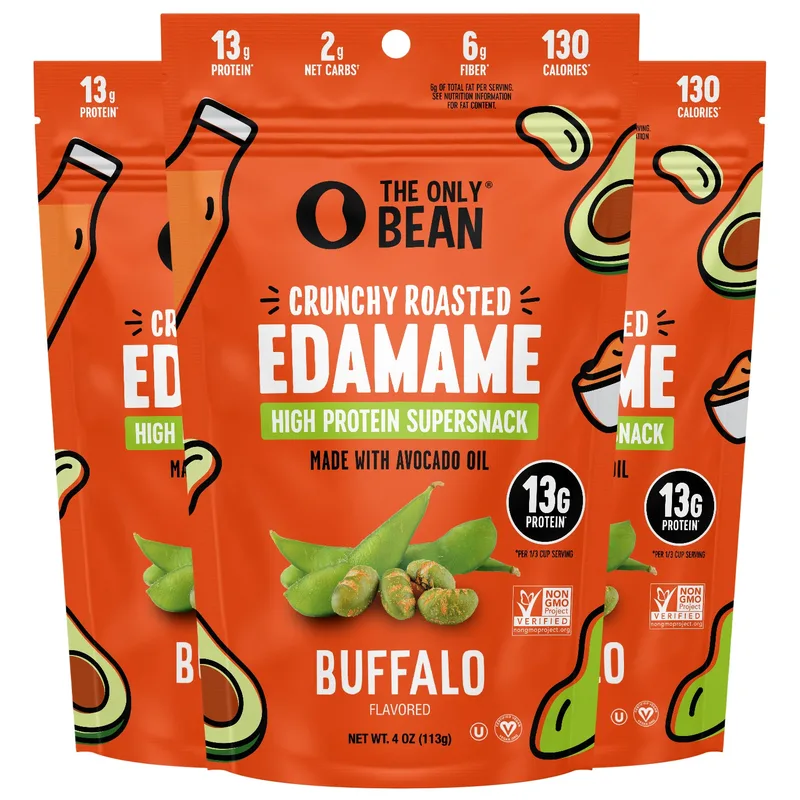 The Only Bean - Crunchy Roasted Edamame Beans (Buffalo) - Keto Snack, High Protein, Healthy Snacks, Low Carb, Gluten-Free & Vegan (4.0oz) (3 Pack)