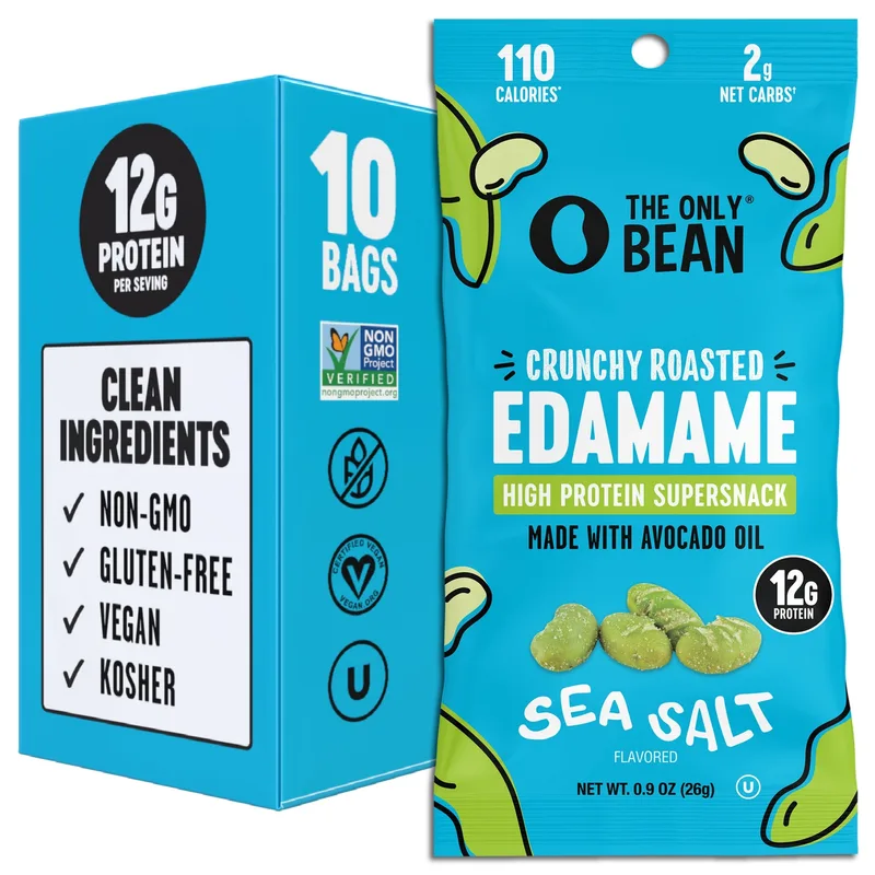 The Only Bean - Crunchy Roasted Edamame Beans (Sea Salt) - Keto Snack, High Protein, Healthy Snacks, Low Carb, Gluten-Free & Vegan (0.9oz) (10 Pack)