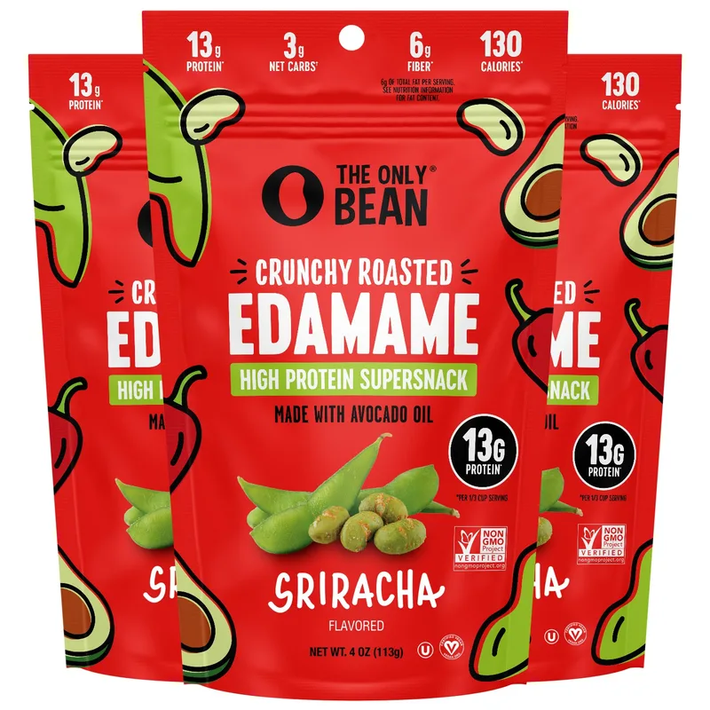 The Only Bean - Crunchy Roasted Edamame Beans (Sriracha) - High Protein, Healthy Snacks, Low Carb, Gluten-Free & Vegan (4.0oz) (3 Pack)
