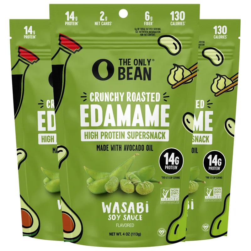 The Only Bean - Crunchy Roasted Edamame Beans (Wasabi Soy Sauce) - Keto Snack, High Protein, Healthy Snacks, Low Carb, Gluten-Free & Vegan (4.0oz) (3 Pack)