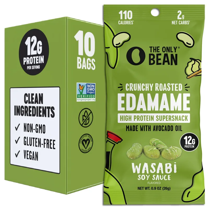The Only Bean - Crunchy Roasted Edamame Beans (Wasabi Soy Sauce) - Keto Snack, High Protein, Healthy Snacks, Low Carb, Gluten-Free & Vegan (0.9oz) (10 Pack)