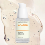 HW Renew Double Hydration Boost Gel + HA 30 ml pump bottle on clear gel texture Autumn hydration with HW Renew hyaluronic acid gel