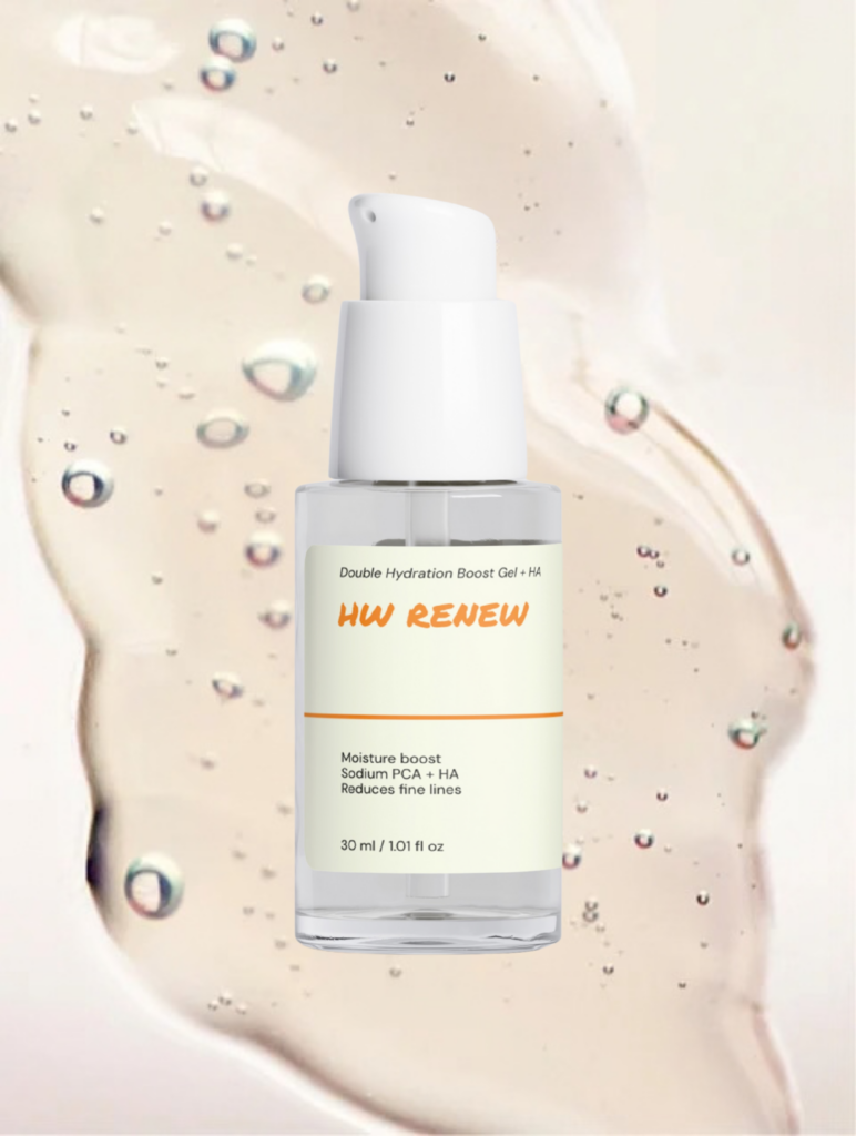 HW Renew Double Hydration Boost Gel + HA 30 ml pump bottle on clear gel texture Autumn hydration with HW Renew hyaluronic acid gel