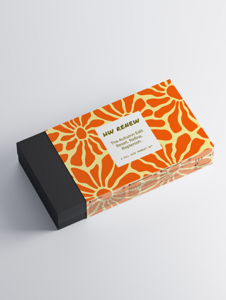 HW Renew Set of three skincare products in an orange floral box